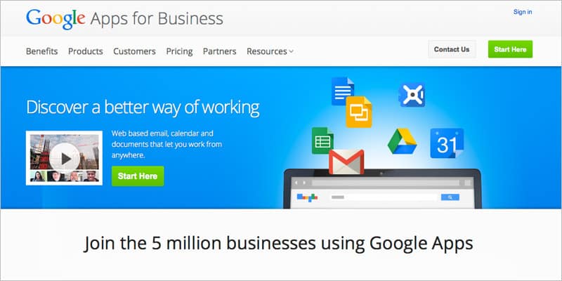 Front page of Google Apps for Business page