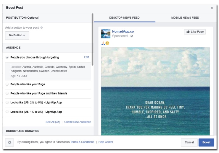 Growth-hack your Facebook page- NomadApp.Co Boosted Facebook Post
