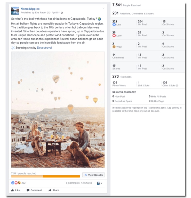 Growth-hack your Facebook page- NomadApp.co Facebook Post and Engagement statistics