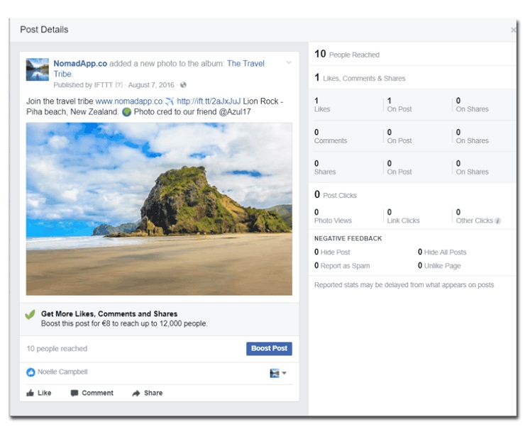Growth-hack your Facebook page- NomadApp.co Facebook Post and Engagement statistics