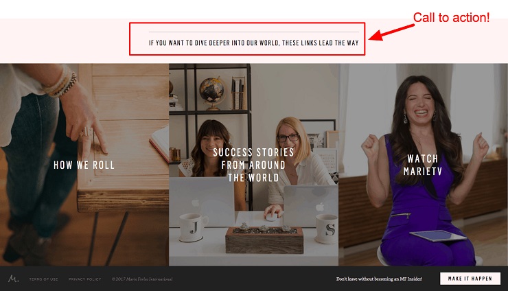 Marie Forleo adds a call to action on her About Us page