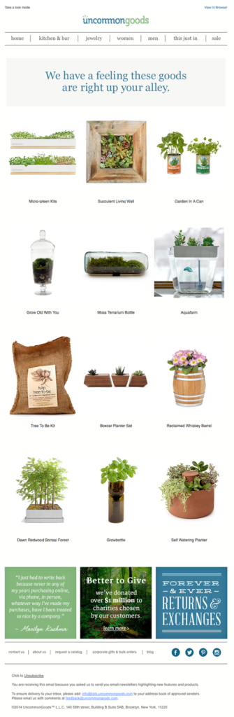 Uncommon Goods uses Product Recommendation Emails when doing Email personalization