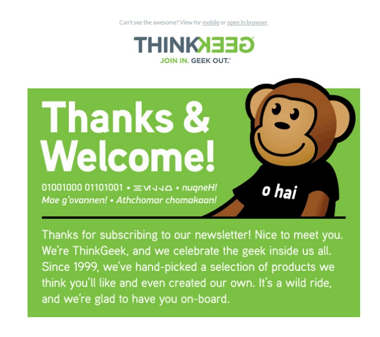 ThinkGeek uses a welcome email when doing Email personalization