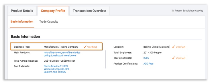 Alibaba provides two types of product suppliers manufacturers and trading companies