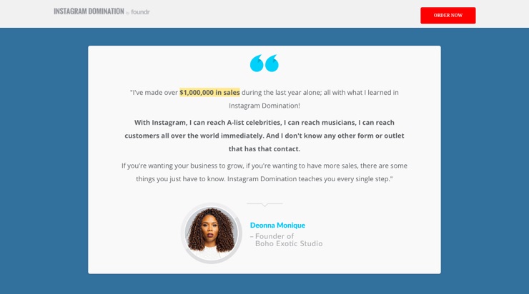 Instagram Domination Testimonials. Example of copy that converts