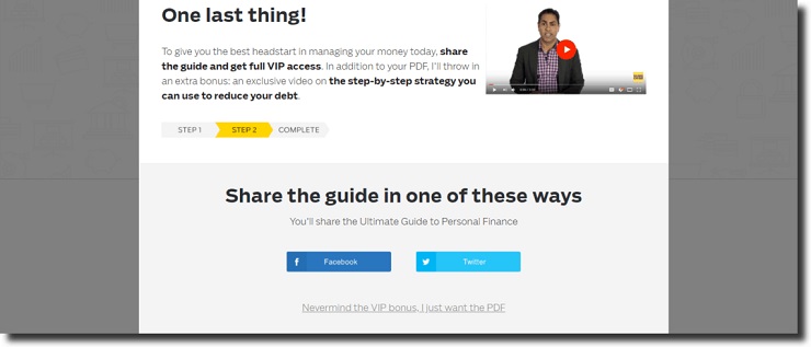 After opting in popup window offers additional bonus if landing page share for his guide on I will teach you to be rich post-conversion strategy