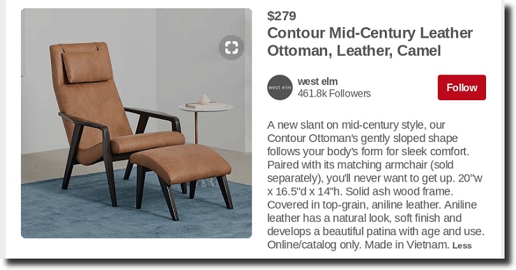 Pinterest buyable pins screenshot via West Elm’s Pinterest show description including keywords combined with basic information about product