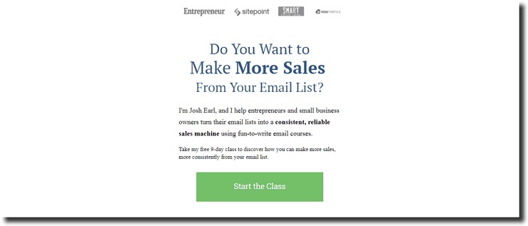 thank you page example opt-in page from Joshua Earl's site where he offers a nine-day email course