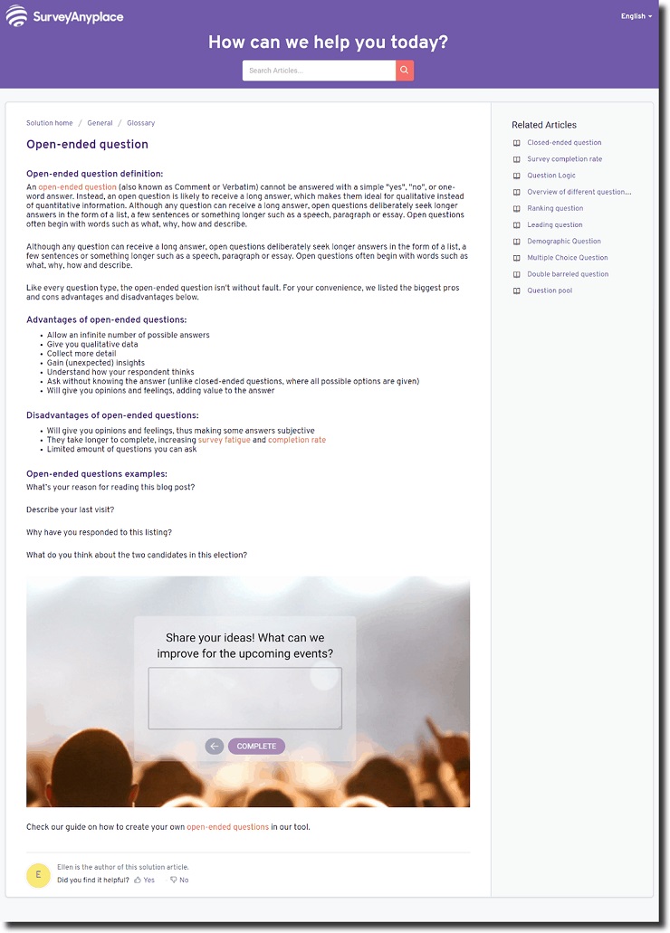 growth hacking ideas screenshot of help surveyanyplace support solutions articles open ended questions