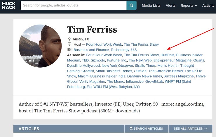 Tim Ferriss Profile on Muck Rack content distribution model