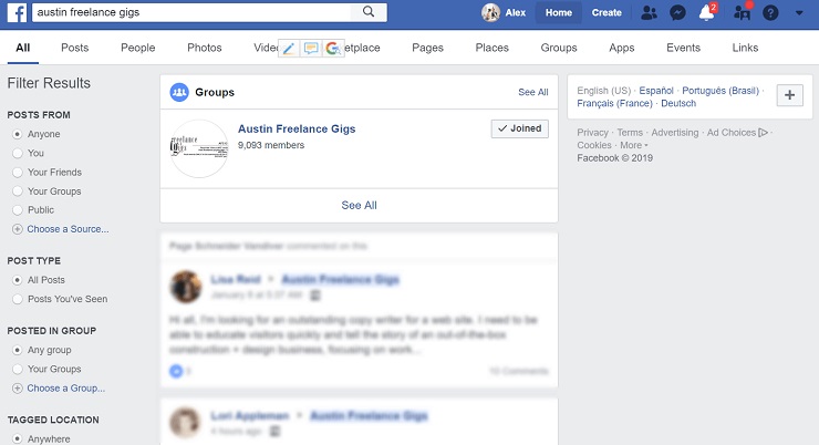 content distribution channels such as Austin Freelance Gigs Fecebook Group