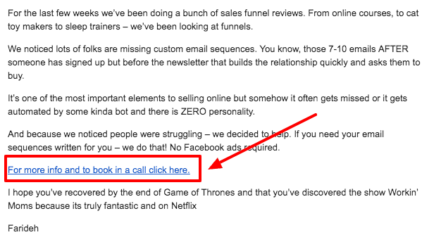 example email from launch strategist Farideh Ceaser