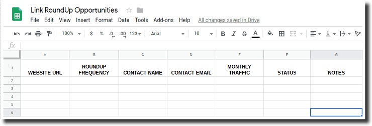 link roundup opportunities sample spreadsheet