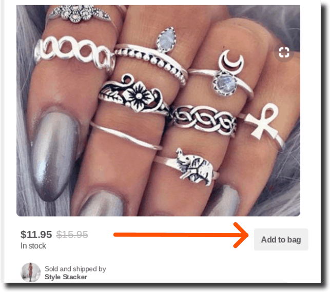 example of Buyable Pin from Pinterest Includes the Add to Bag Pinterest sales