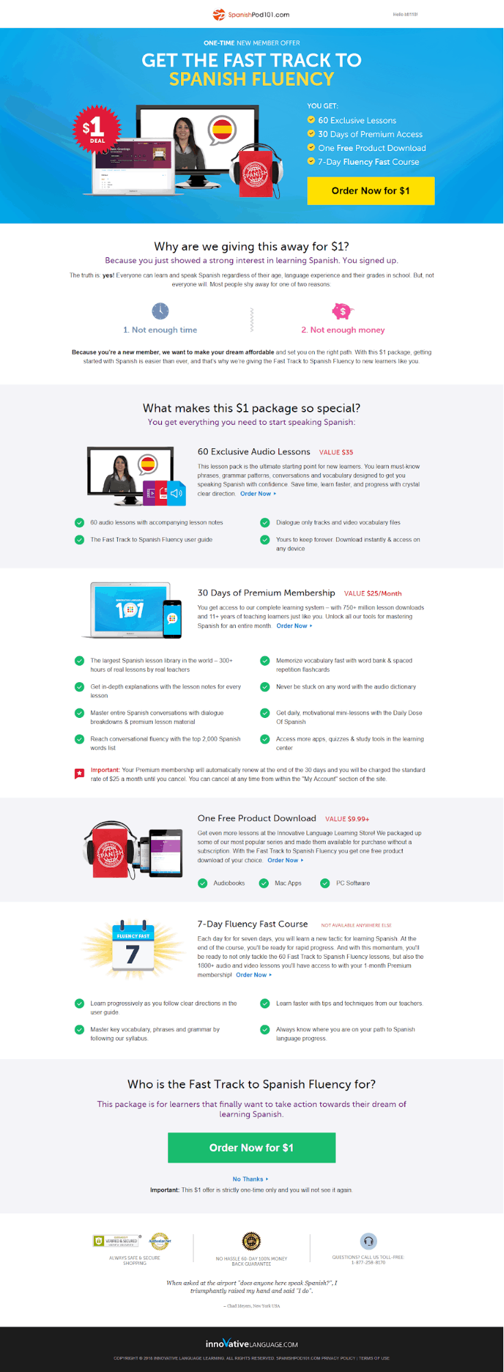 Spanish Pod 101 offers Spanish language lessons on a sales page right after the opt in high-converting confirmation page