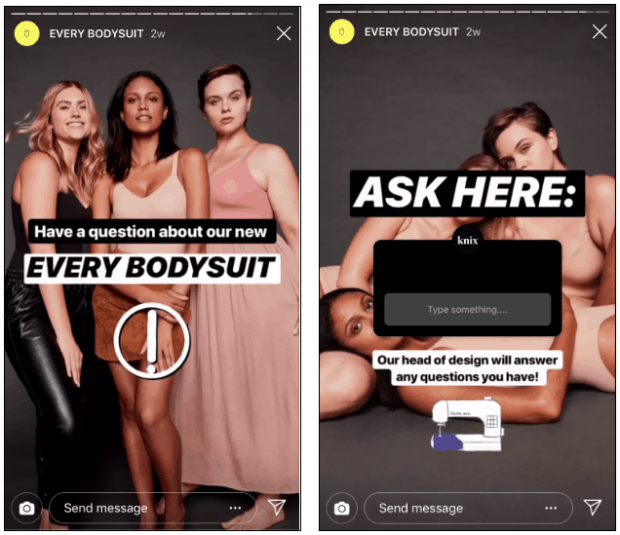 Knixwear, uses question stickers to respond to customer inquiries and share what makes their product significant