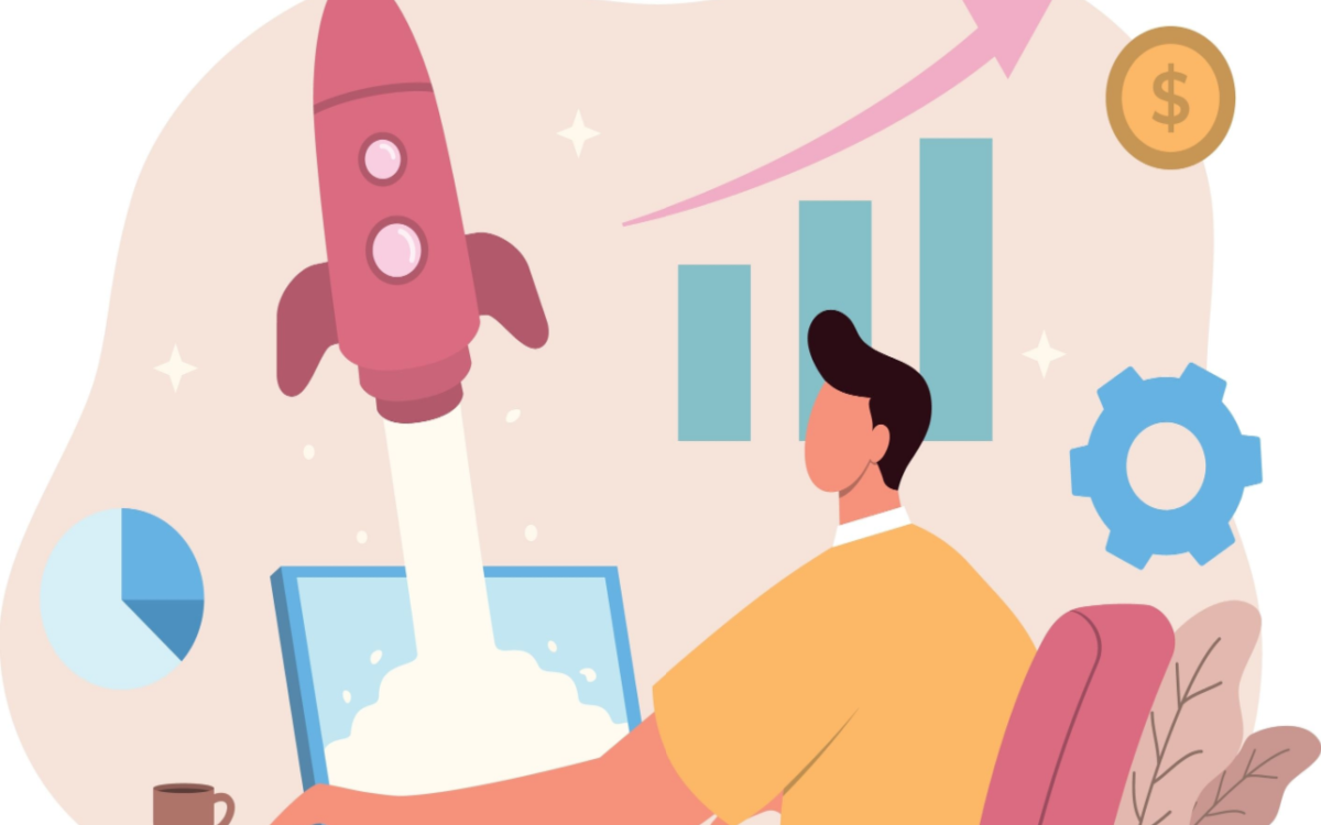 Entrepreneur artwork person at computer rocket ship