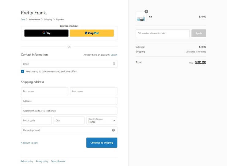 pretty frank checkout page