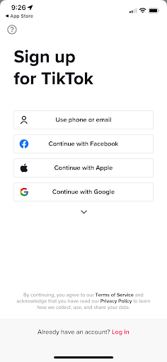 Tiktok signup screenshot