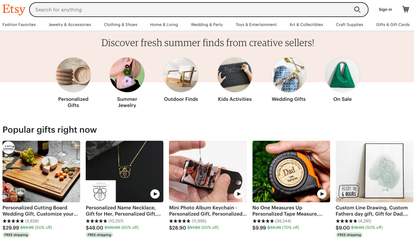 Etsy shop homepage